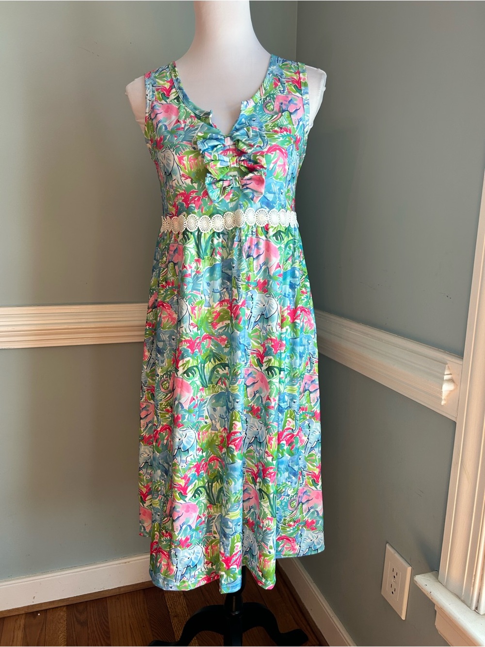 Floral Ruffle Midi Dress in Blue-Pink